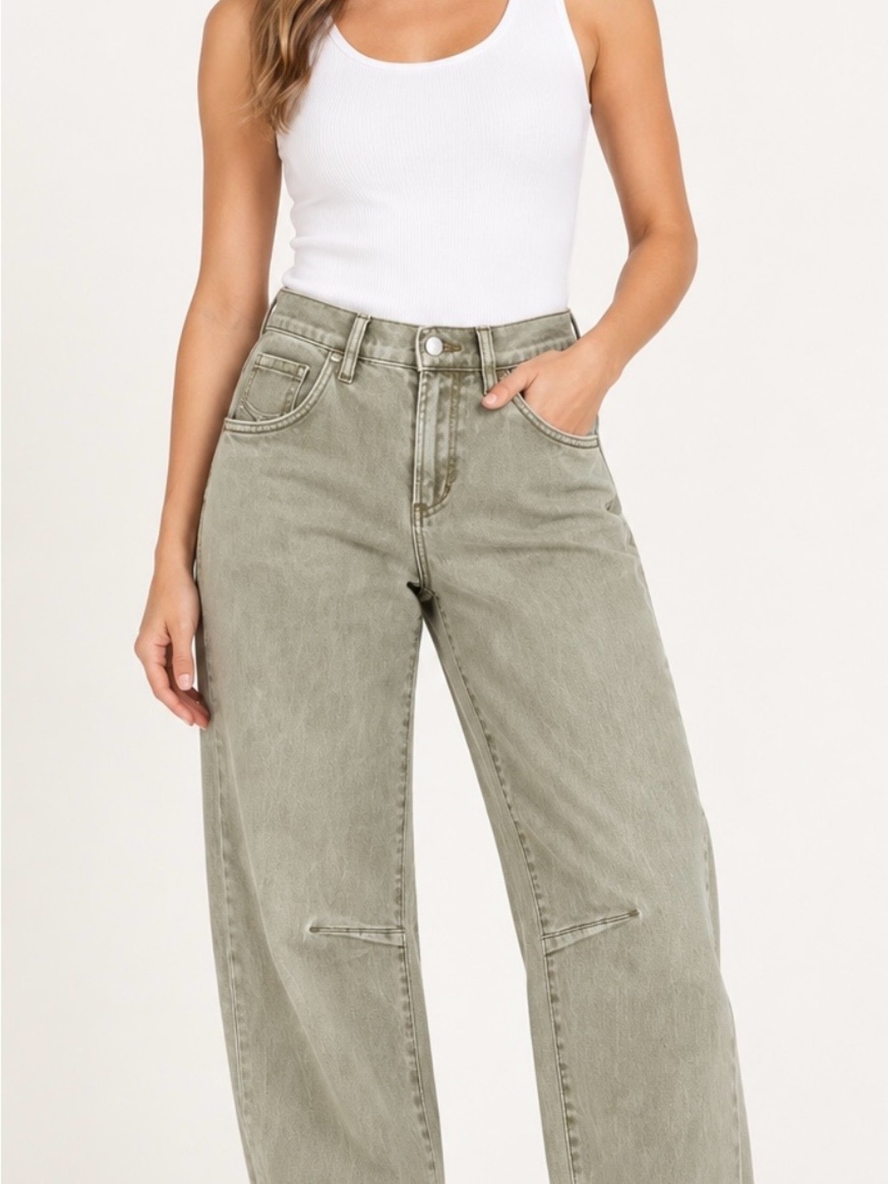 Dear John Olive Green High-Rise Barrel Leg Jeans Stretch Sz 27 Utility 26 Inseam